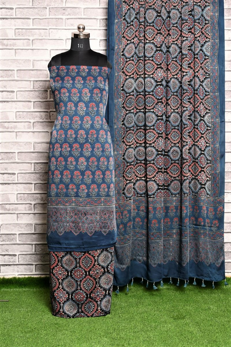 Indigo Floral Unstitched Modal Silk Ajrakh Print Suit