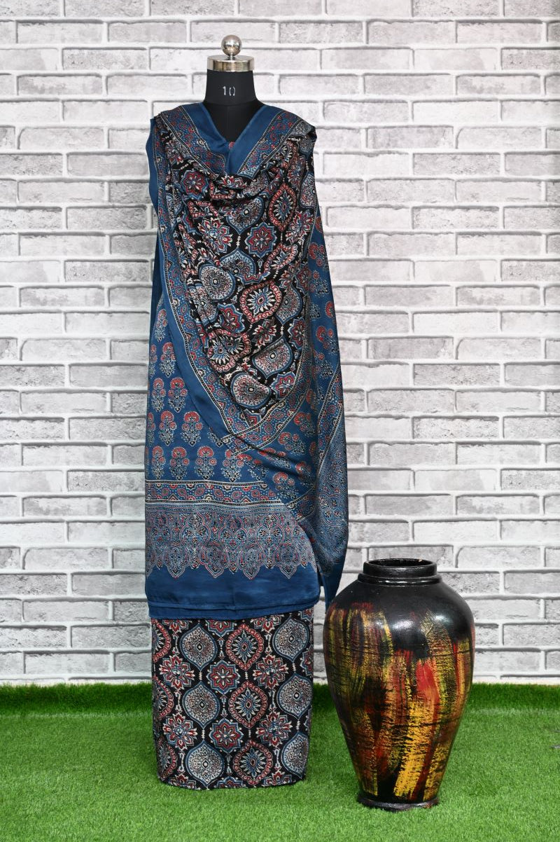 Indigo Floral Unstitched Modal Silk Ajrakh Print Suit