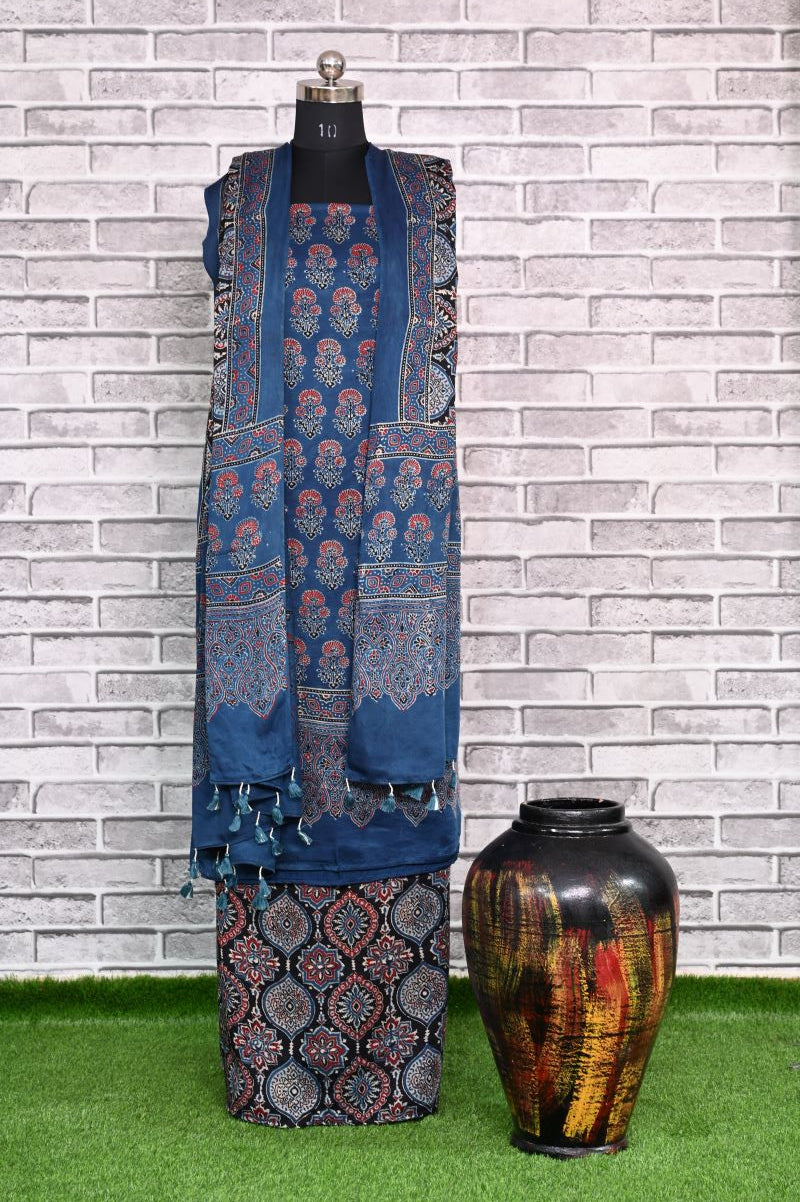 Indigo Floral Unstitched Modal Silk Ajrakh Print Suit