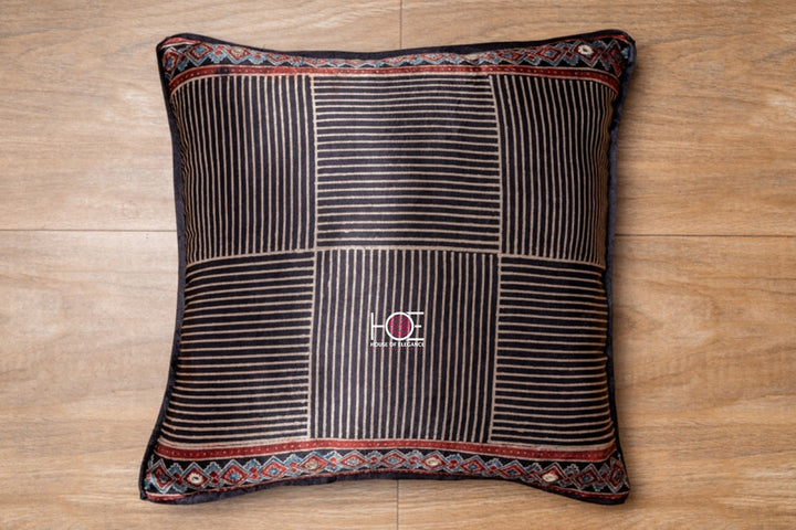 Black Stria / Mushroo Silk | Ajrakh | 16X16 - Handcrafted Home decor and Lifestyle Products