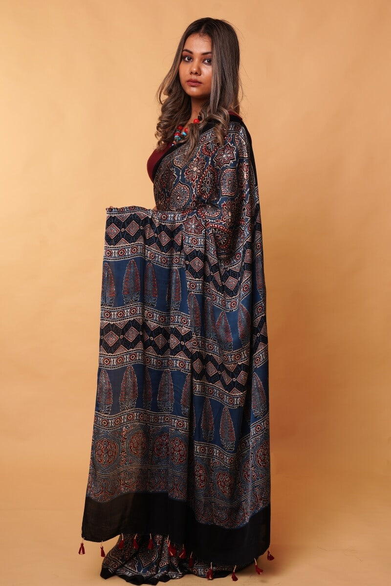 Indigo Modal Silk Ajrakh Saree