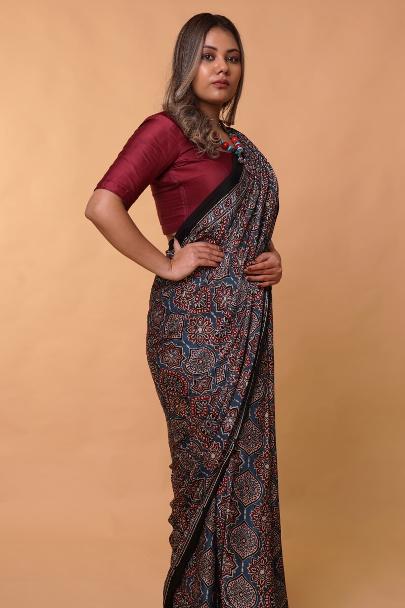 Indigo Ajrakh Silk Saree