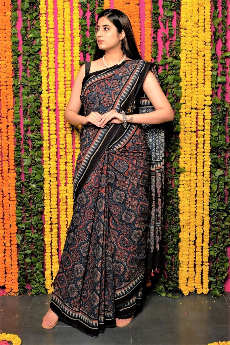 Buy Black String Ajrakh Modal Silk Saree Online - House Of Elegance