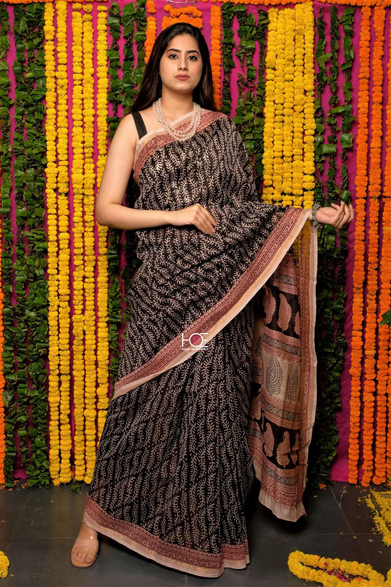 Black Chanderi Silk Bagh Print Saree by House Of Elegance