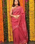 Rusty Red Dabu Print Maheshwari Silk Saree: House Of Elegance