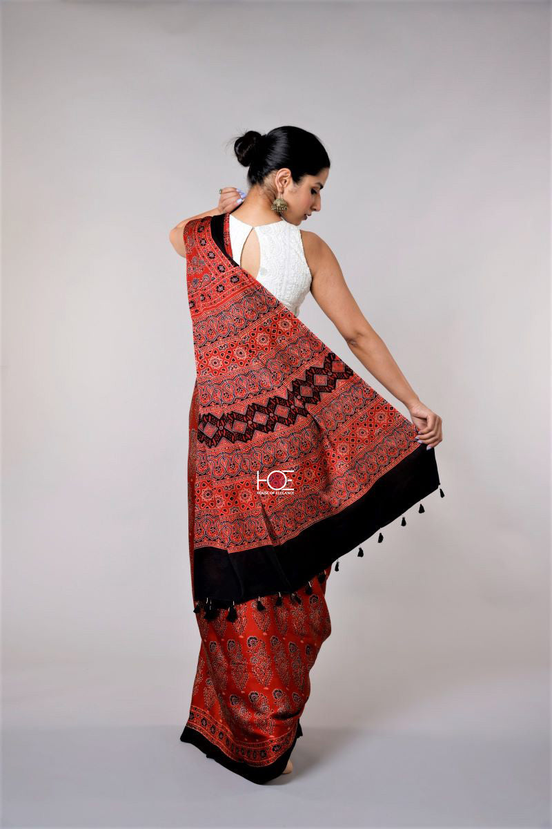 Shop Red Ajrakh Sarees Modal Silk Ajrakh Sarees Silk Sari Ajrakh Print Saree from Kutch Gujarat Resist Dyeing Technique | Natural Vegetable Dye
