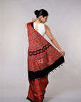Shop Red Ajrakh Sarees Modal Silk Ajrakh Sarees Silk Sari Ajrakh Print Saree from Kutch Gujarat Resist Dyeing Technique | Natural Vegetable Dye