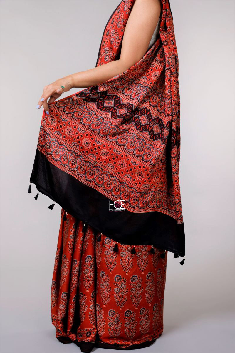 Corsages on Red / Modal Silk | Ajrakh Saree - Handcrafted Home decor and Lifestyle Products