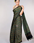 Green Ajrakh Modal Silk Saree - Kutch Ajrakh Hand Block Print | House Of Elegance