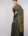 Green Ajrakh Modal Silk Saree - Kutch Ajrakh Hand Block Print | House Of Elegance