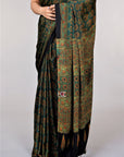 Green Ajrakh Modal Silk Saree - Kutch Ajrakh Hand Block Print | House Of Elegance