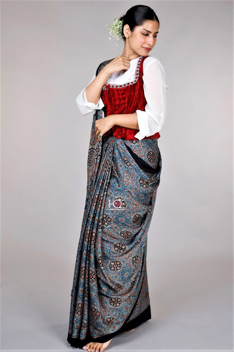 Indigo-Ajrakh-Modal-Silk-saree