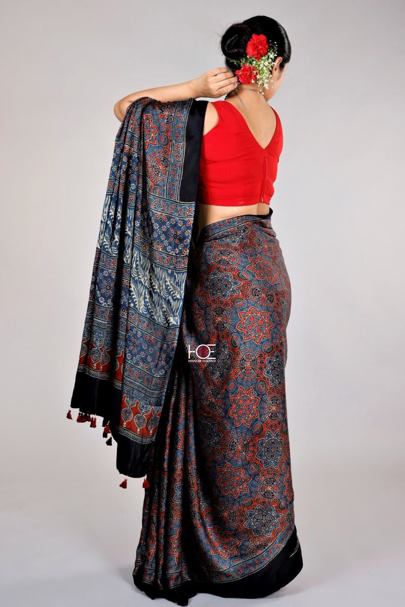 Indigo Ajrakh print saree