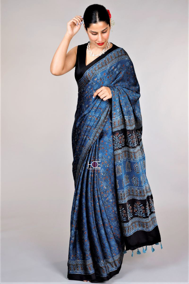 Blue Modal Silk Ajrakh Saree