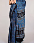 Blue modal silk ajrakh sarees from Bhuj