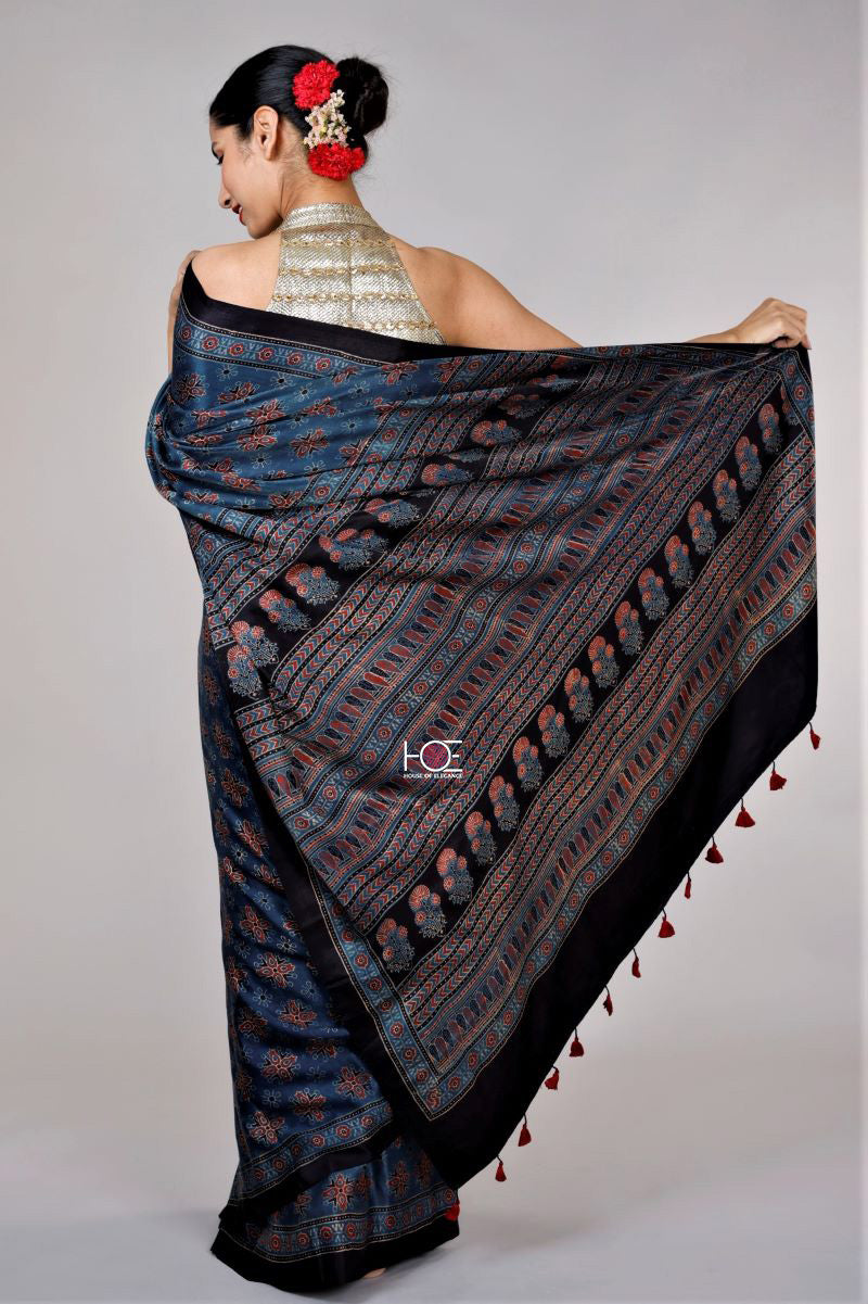 Shady Indigo Choufal Spread / Gajji Silk | Ajrakh Saree - Handcrafted Home decor and Lifestyle Products