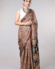 Red Kalamkari Hand Block Printed Modal Silk Saree - From Telangana