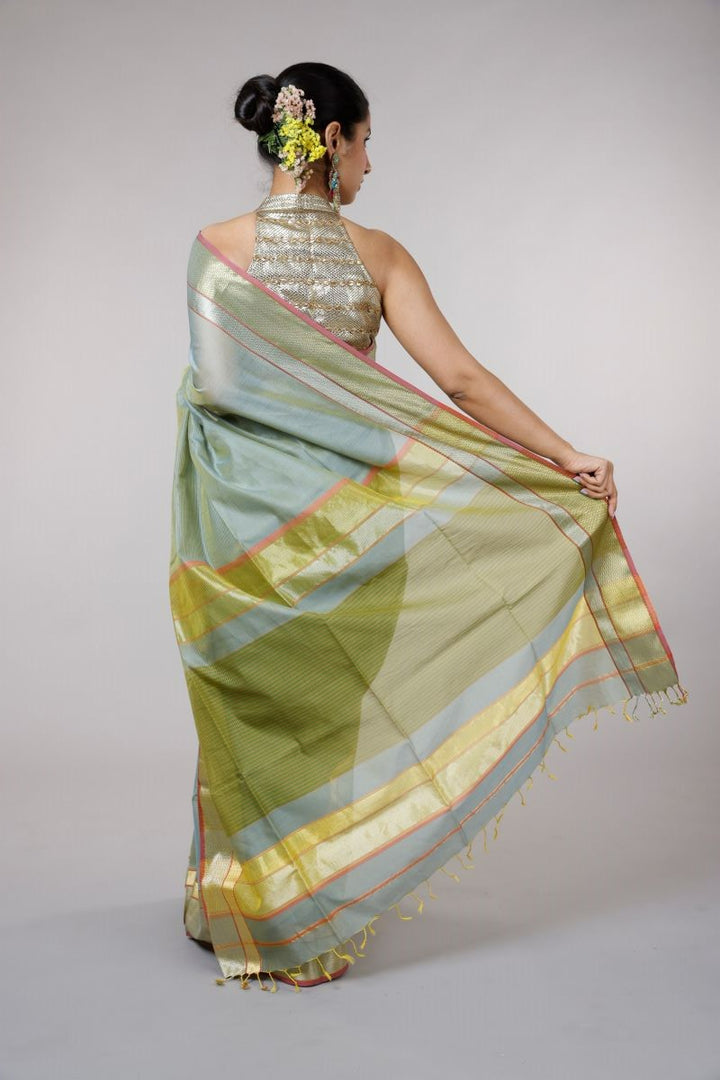 Pistachio Handloom Maheshwari Silk Cotton Saree: House Of Elegance