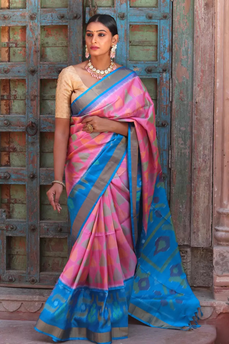 Pink Pochampally Ikat Silk Saree