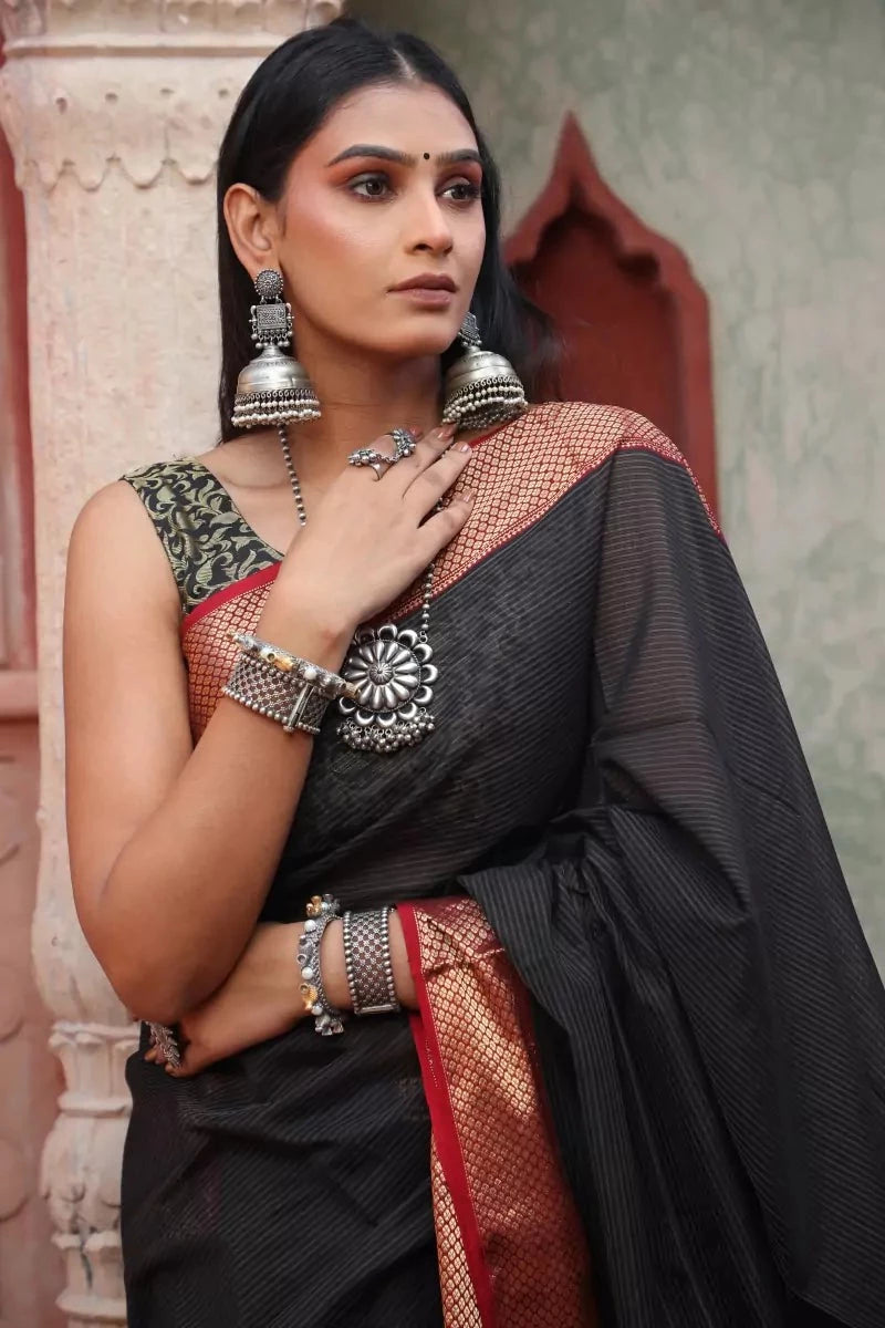 Black Maheshwari Cotton Silk Saree