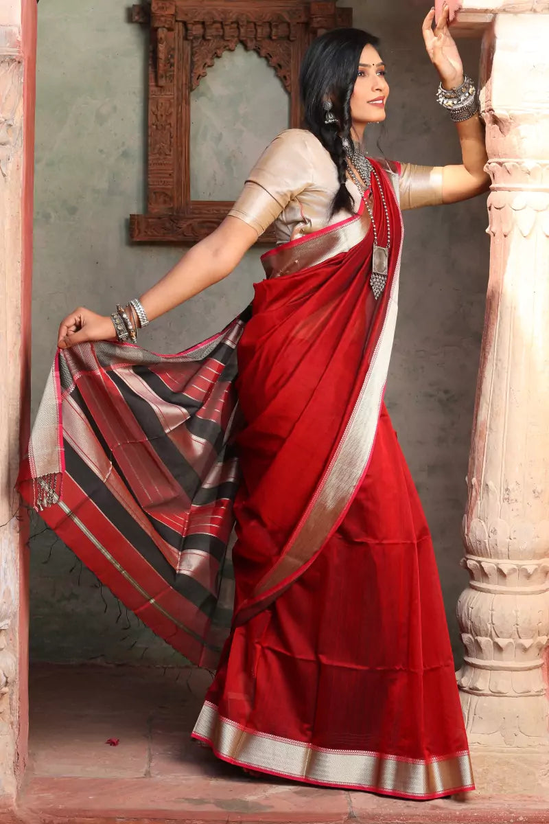 Chandani Maroon Maheshwari Cotton Silk Saree