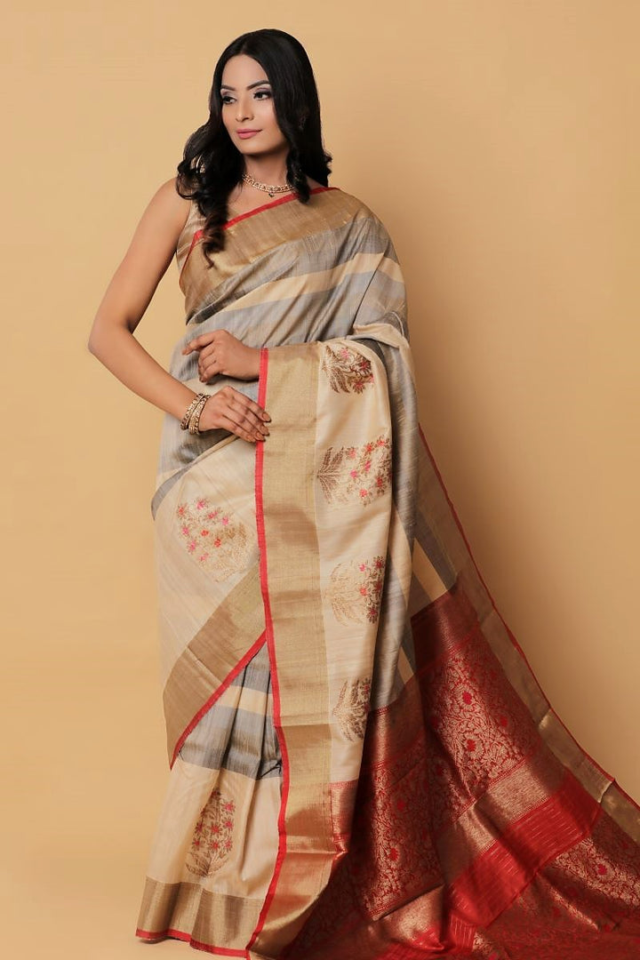 Grey Banarasi Tussar Silk Saree as a zari border silk saree is the best handloom Banarasi Silk Saree 