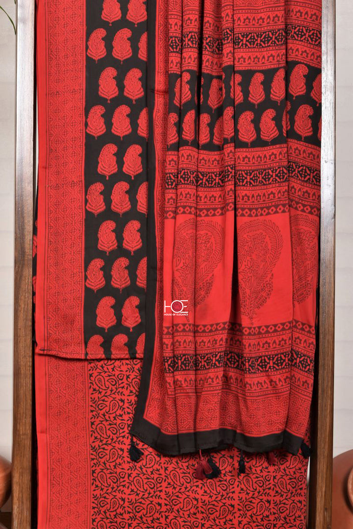 Red Paisley on Black / Modal Silk | Bagh | 3 Pcs Suit - Handcrafted Home decor and Lifestyle Products