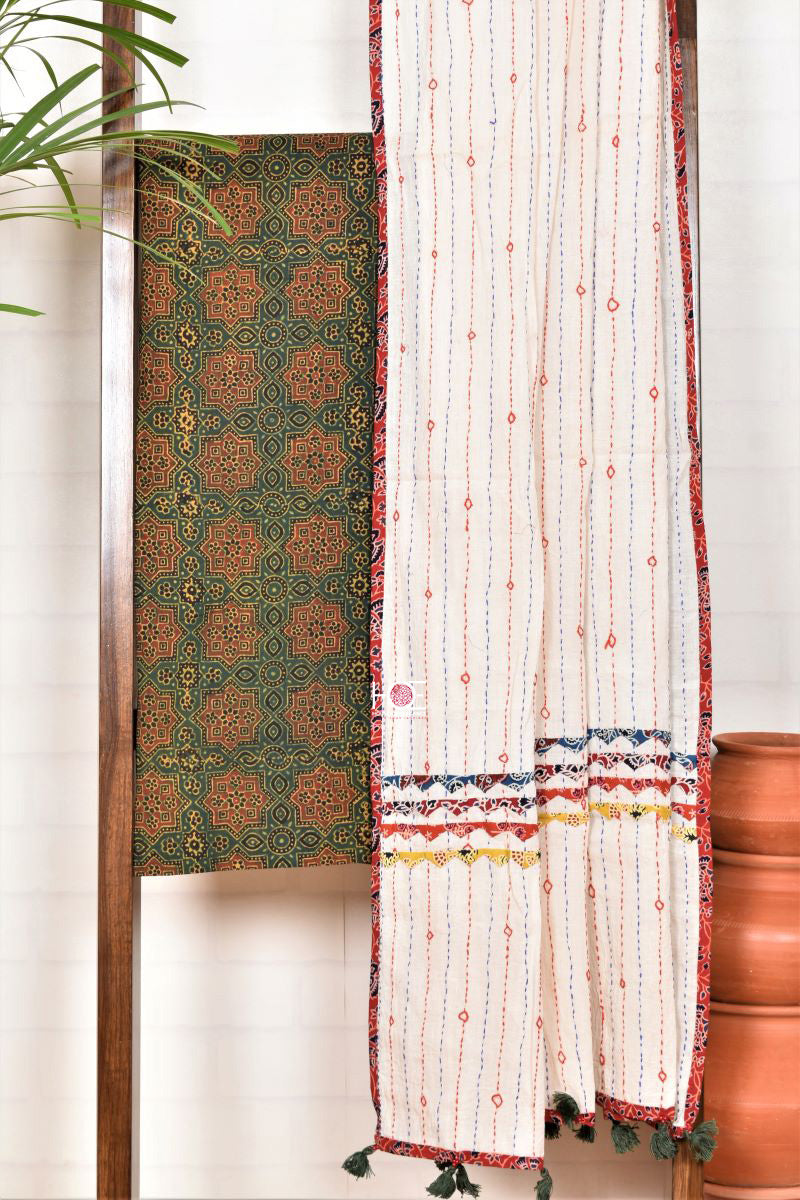 Kantha on Green Minkundi / Ajrakh | Cotton | 2 Pcs Suit - Handcrafted Home decor and Lifestyle Products