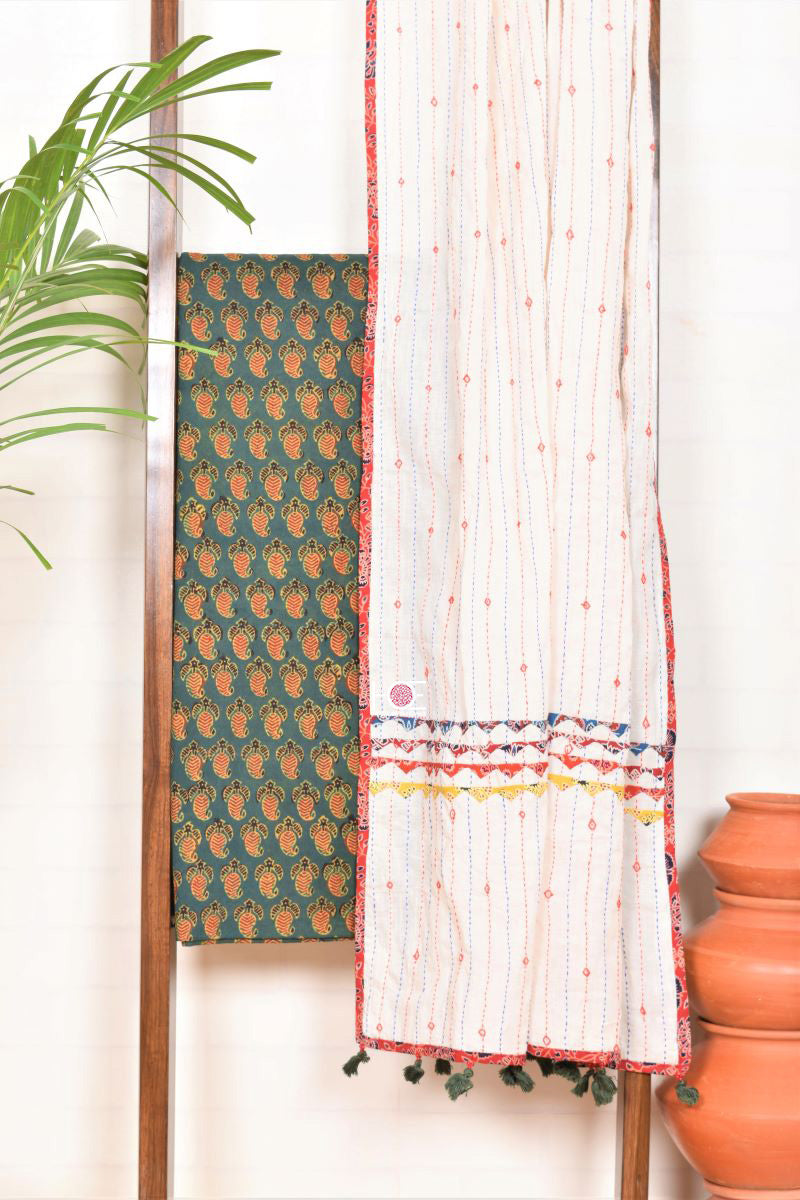 Kantha on Green Amri / Ajrakh | Cotton | 2 Pcs Suit - Handcrafted Home decor and Lifestyle Products
