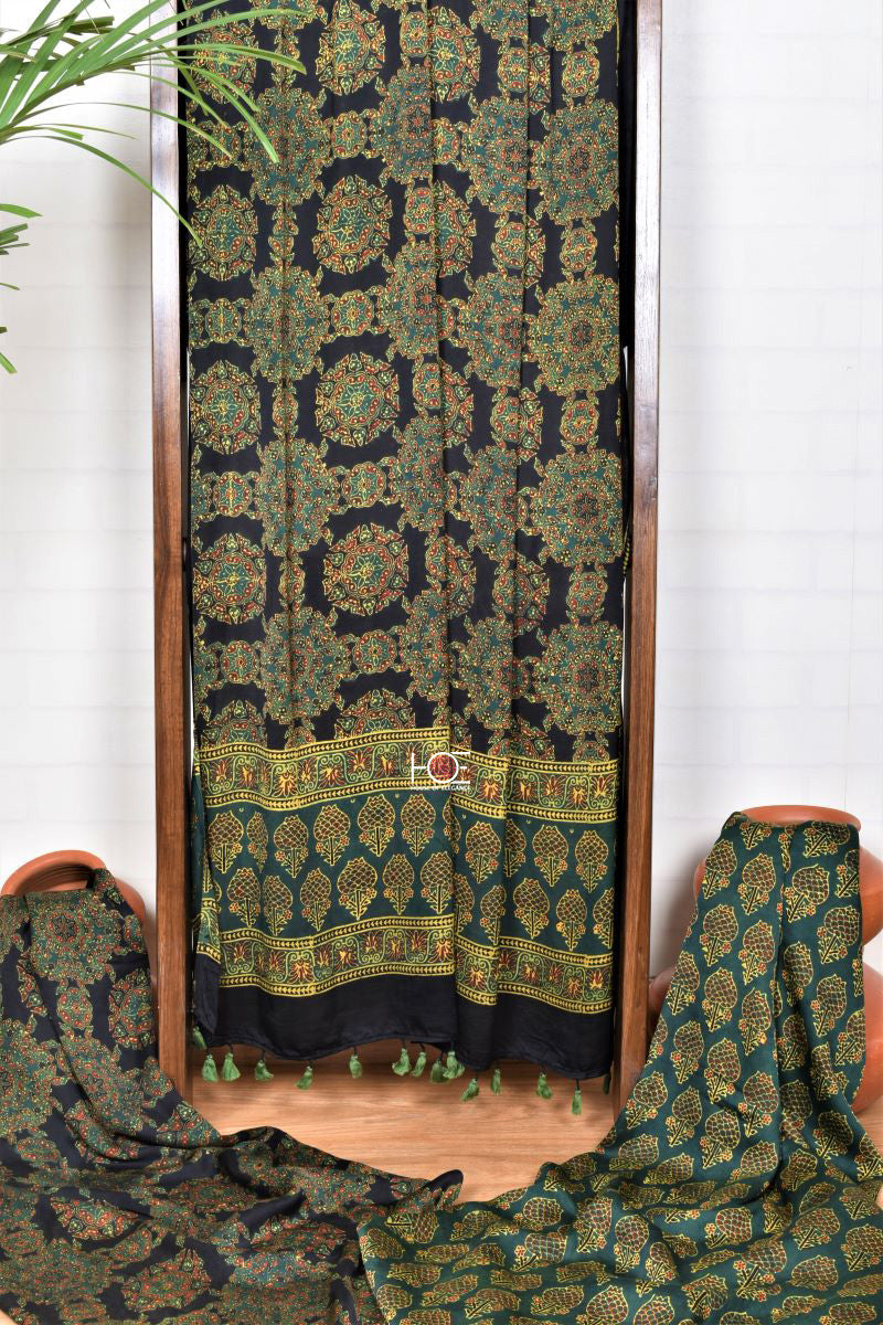 Shop online Unstitched 3 piece Red Black Ajrakh Hand Block Printed Modal Silk Suit Coordinated Dupatta | Natural Dyed Ajrakh Suit Ajrakh Dress Material