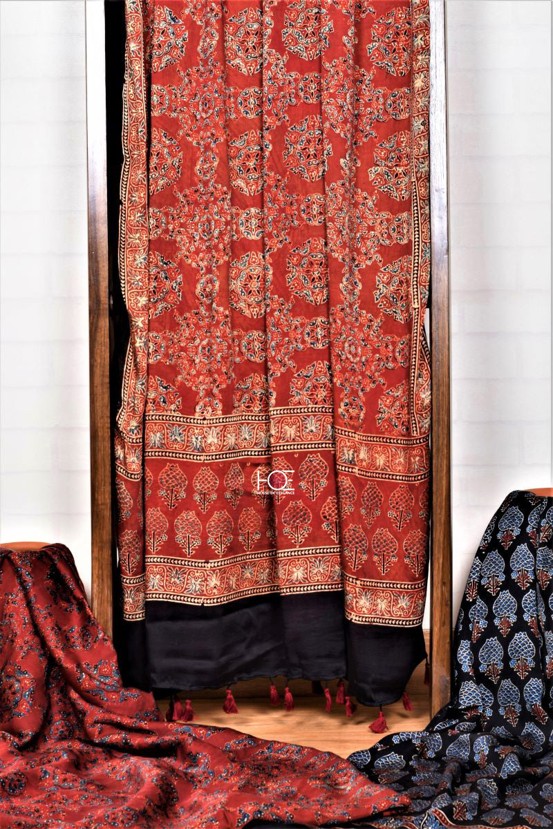 Shop online Unstitched 3 piece Red Black Ajrakh Hand Block Printed Modal Silk Suit Coordinated Dupatta | Natural Dyed Ajrakh Suit Ajrakh Dress Material
