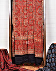 Shop online Unstitched 3 piece Red Black Ajrakh Hand Block Printed Modal Silk Suit Coordinated Dupatta | Natural Dyed Ajrakh Suit Ajrakh Dress Material