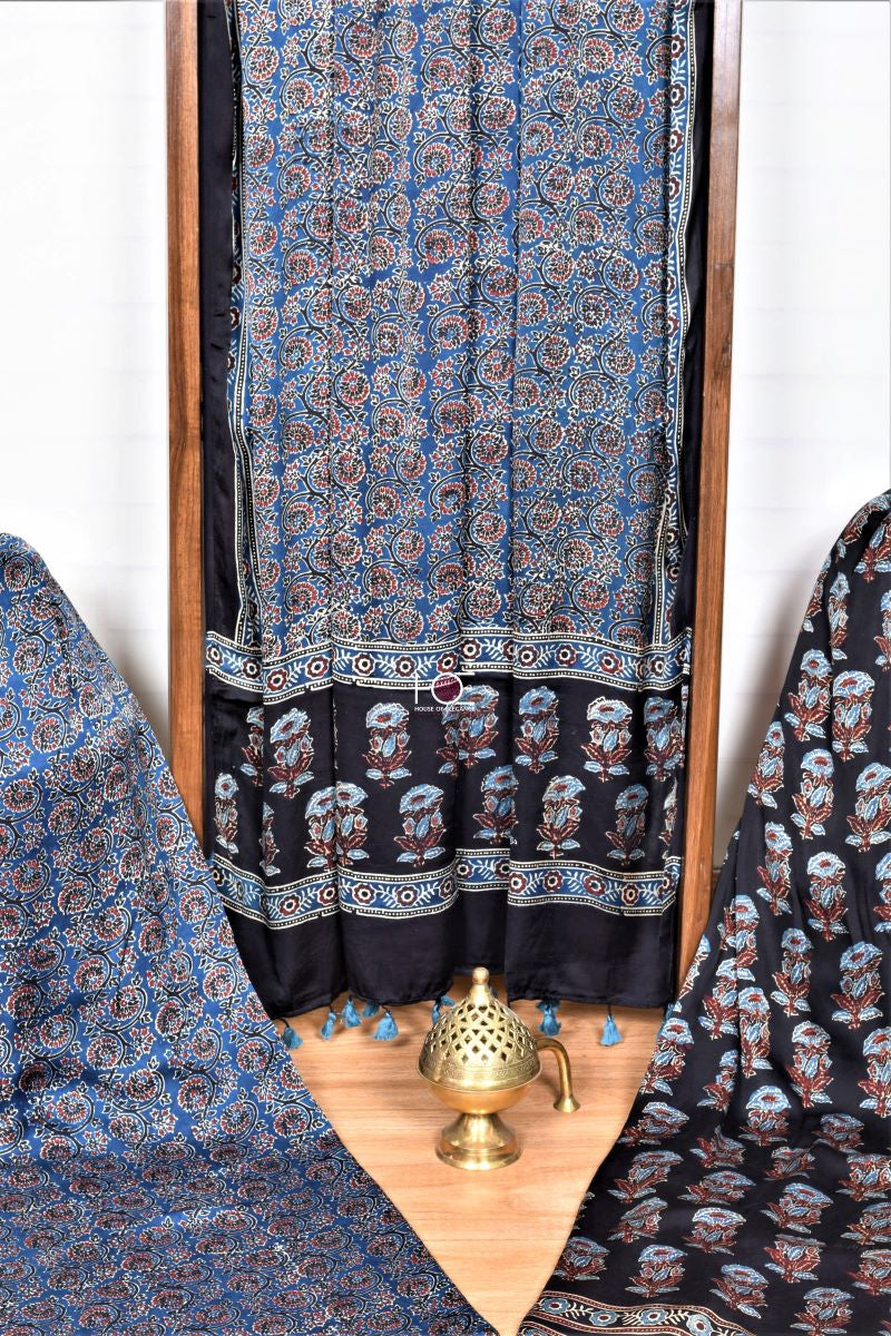 Shop online Unstitched 3 piece Black Ajrakh Hand Block Printed Modal Silk Suit Coordinated Dupatta | Natural Dyed Ajrakh Modal Silk Dress Material
