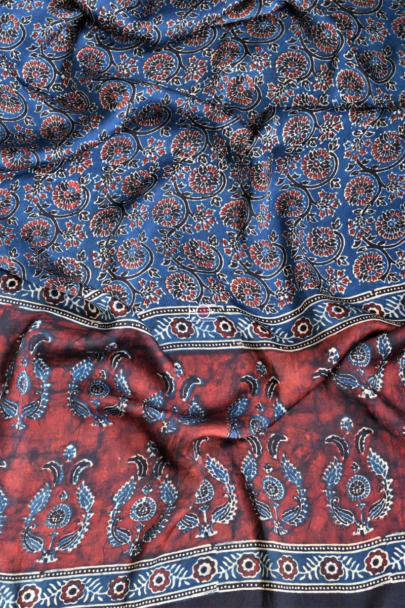 Smokey Red Indigo Taaj Kharey / Modal Silk | Ajrakh | 3 Pcs Suit - Handcrafted Home decor and Lifestyle Products