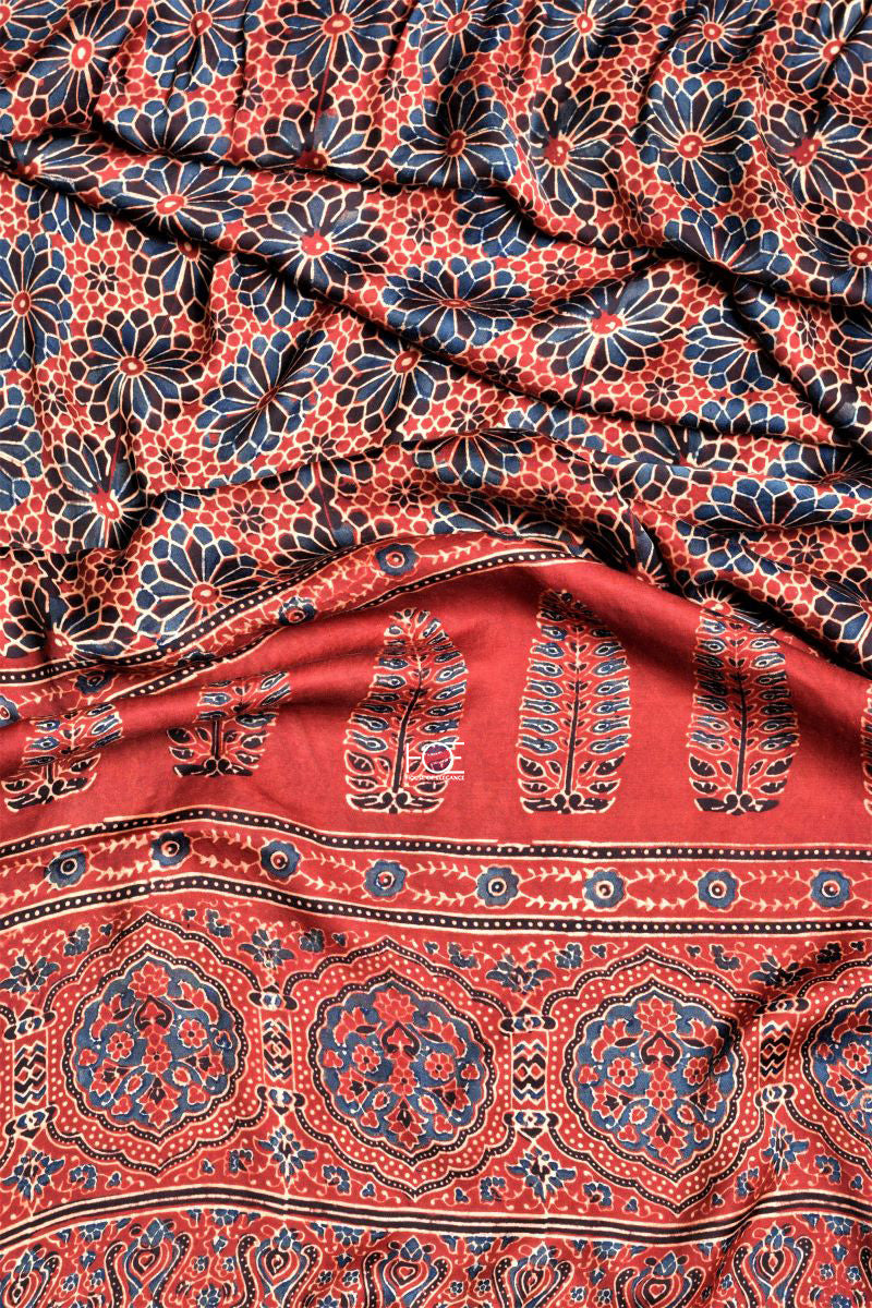 Shop online Ajrakh Suit Unstitched 3 piece Red Ajrakh Hand Block Printed Modal Silk Suit with Ajrakh Dupatta | Natural Dyed Ajrakh Modal Silk Dress Material