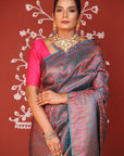 Teal Charm Banarasi Jamawar Tanchoi Silk Saree