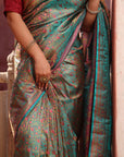 Green Banarasi Jamawar Tanchoi Satin Silk Saree