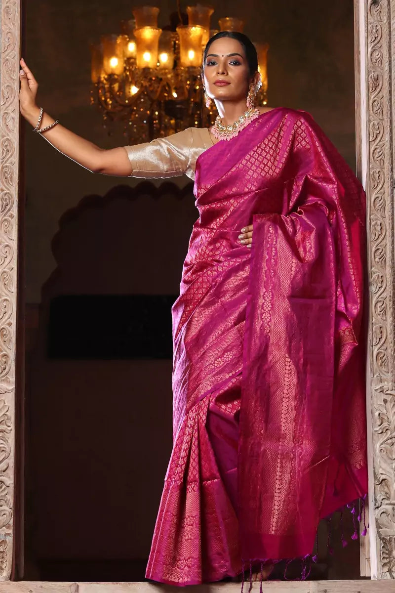 Buy Golden Magenta Kanjivaram Zari Silk Saree - House Of Elegance