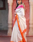 White Pink Maheshwari SiCo Saree