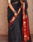 Red Black Maheshwari Cotton Silk Saree