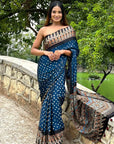 Blue Bandhni Black Ajrakh Modal Silk Saree