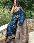 Blue Bandhni Ajrakh Modal Silk Saree