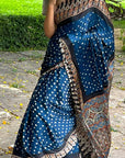 Blue Bandhej Black Modal Silk Ajrakh Saree
