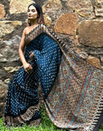 Blue Bandhej Black Ajrakh Modal Silk Saree