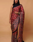 red Modal Silk Ajrakh Saree
