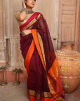 Maroon Maheshwari Cotton Silk Saree