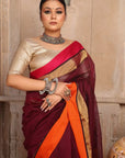 Double Border Maroon Maheshwari Cotton Silk Saree