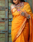 Yellow Red Tradional Maheshwari Cotton Silk Saree