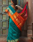Orange Green Maheshwari Cotton Silk Saree