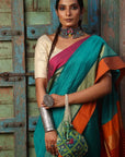 Teal Green Stripe Traditional Maheshwari Saree